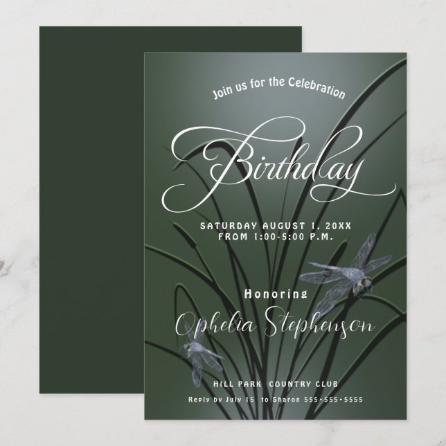 Convite Dusty Sage Green Dragonfly Birthday (Frente/Verso)