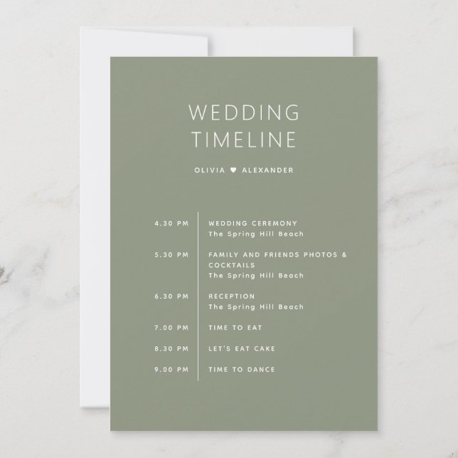 Convite Dusty Sage Green Timeline | Wedding Itinerary  (Verso)