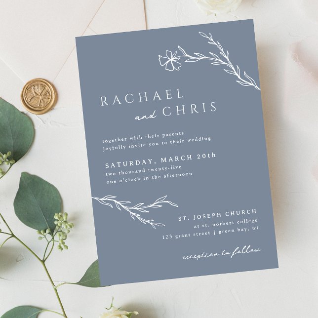 Convite Dusty Steel Blue Botânico Floral Moderno Estencios (Criador carregado)