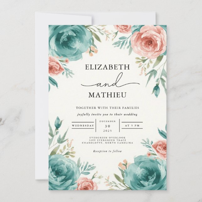 Convite Dusty Teal Bloom Accent Weding (Frente)