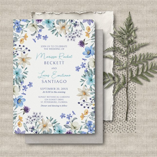 Convite Dusty Teal Blue Lavanda Flores Selvagens Casamento (Criador carregado)