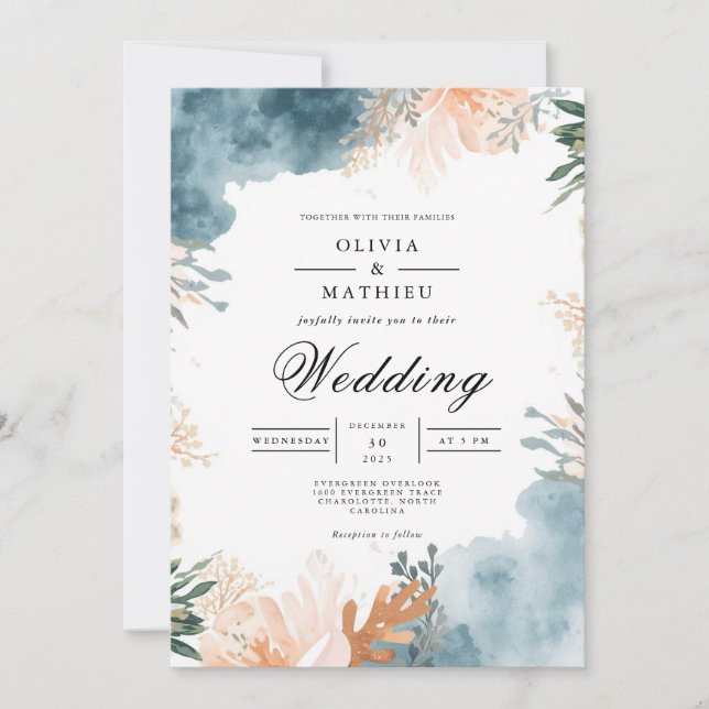 Convite Dusty Teal Floral Abstrato Wedding (Frente)