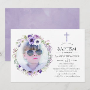 Convite Dusty Violet Floral Baptism