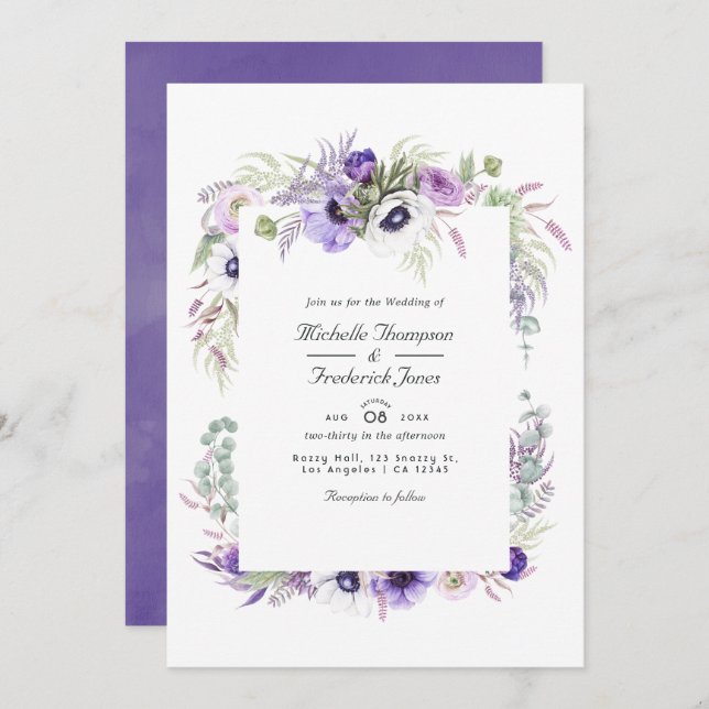 Convite Dusty Violet Floral Código QR RSVP Casamento (Frente/Verso)