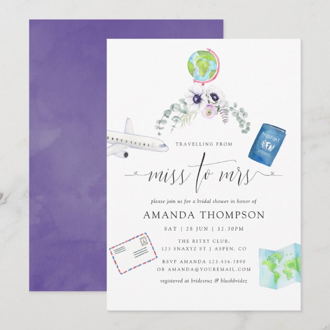 Convite Dusty Violet Floral Miss À Sra. Chá de panela (Frente/Verso)