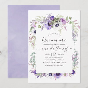 Convite Dusty Violet Floral Quinceañera Aquarela