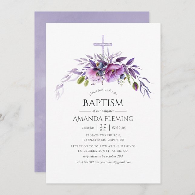 Convite Dusty Violet Poppy Floral Baptism ou Christening (Frente/Verso)