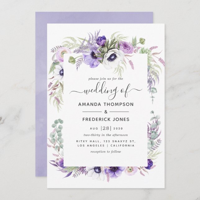 Convite Dusty Violet Watercolor Casamento Floral (Frente/Verso)