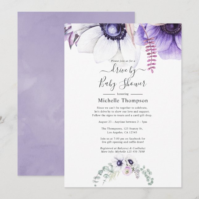 Convite Dusty Violet Watercolor Drive Por Chá (Frente/Verso)