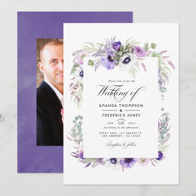 Convite Dusty Violet Wedding Watercolor Foto Floral (Frente/Verso)
