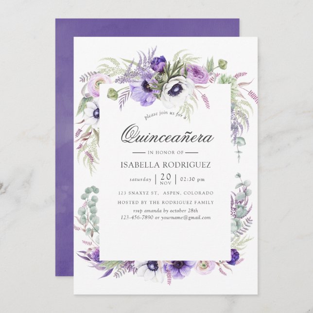Convite Dusty Violet Wedding Watercolor Quinceañera (Frente/Verso)