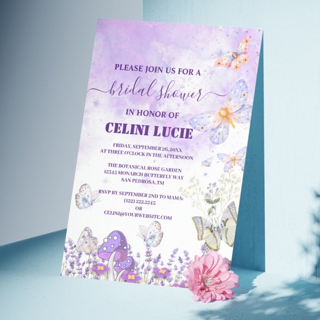 Convite DY Elegante, Dourado e Roxo Showe (DIY Elegant Gold and Purple Butterfly Bridal Shower Invitation)