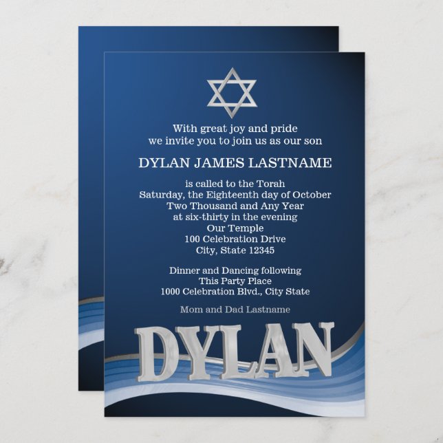 Convite Dylan Steel Wave Name Bar Mitzvah (Frente/Verso)