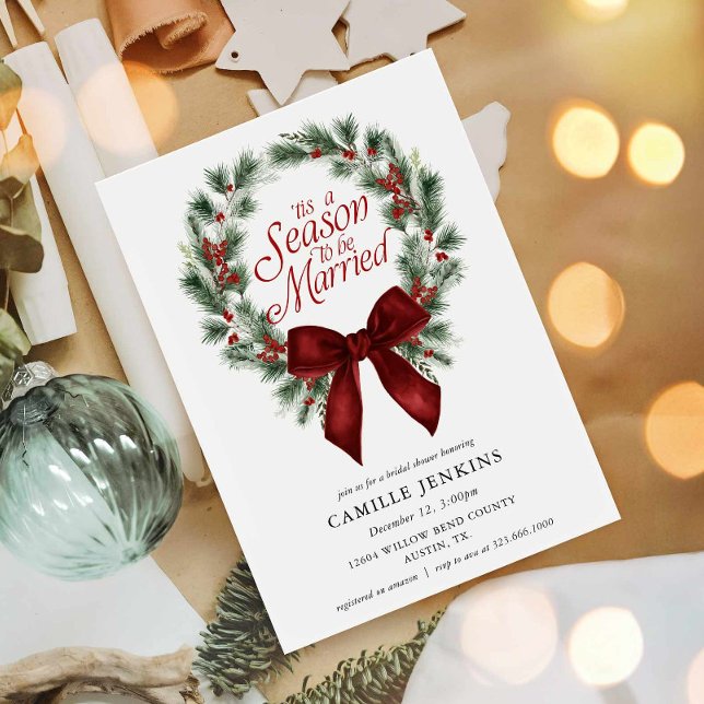 Convite É a Temporada de se Casar Chá de Noiva (tis a season to be married red bow bridal shower invitation)