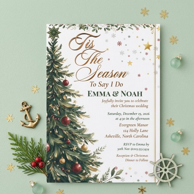 Convite É a Temporada para Dizer Sim Casamento de Árvore d (Tis The Season to Say I Do Christmas Tree Wedding Invitation)