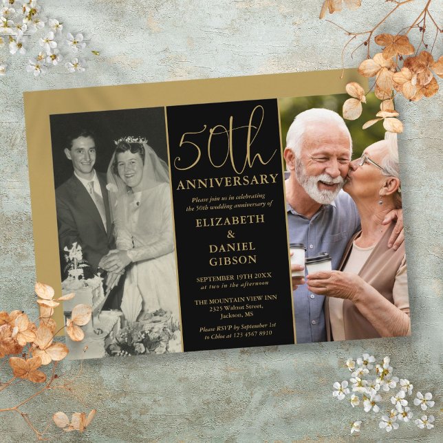 Convite E agora 2 Foto 50º Aniversário de Casamento (Then And Now 2 Photo 50th Wedding Anniversary Invitation)