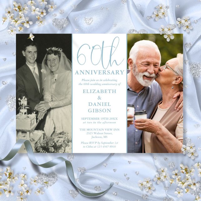 Convite E agora 2 Foto 60º Aniversário de Casamento (Then And Now 2 Photo 60th Wedding Anniversary Invitation)