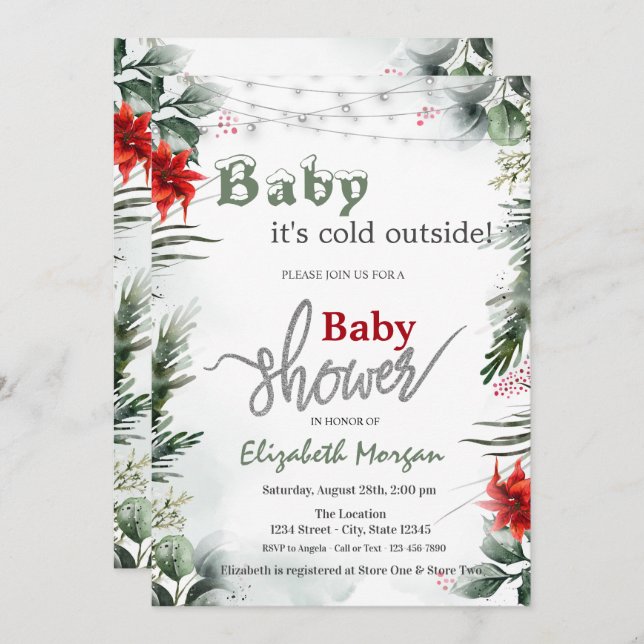 Convite É Chá de fraldas Frio Fora de Poinsettia Branches (Frente/Verso)