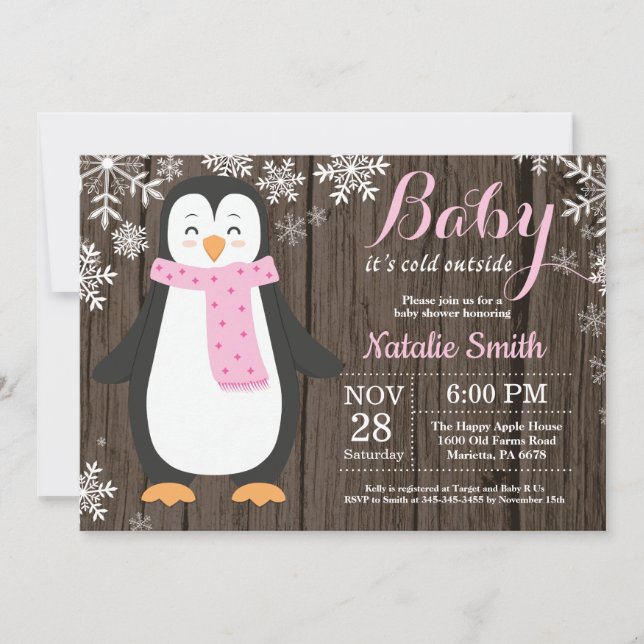 Convite É frio lá fora Chuvada de Bebê Pinguim Rústico (Frente)