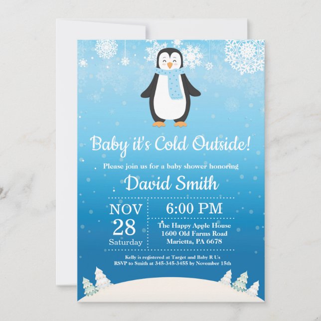 Convite É frio lá fora, Chuveirinho de Bebê de Pinguim de  (Frente)