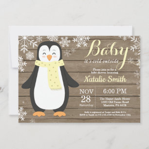 Convite É frio lá fora Chuveiro de Bebê Pinguim Rústico