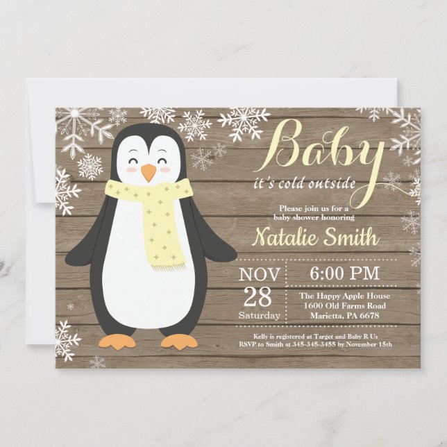 Convite É frio lá fora Chuveiro de Bebê Pinguim Rústico (Frente)