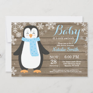 Convite É frio lá fora Chuvinha de Bebê Pinguim Rústico