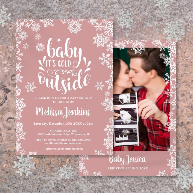 Convite É Frio Lá Fora Foto de Menina Churrasco de Bebê de (It's Cold Outside Girl Photo Winter Baby Shower Invitation)