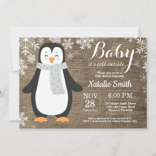 Convite É frio lá fora Pinguim de juta Chuvinha de bebê