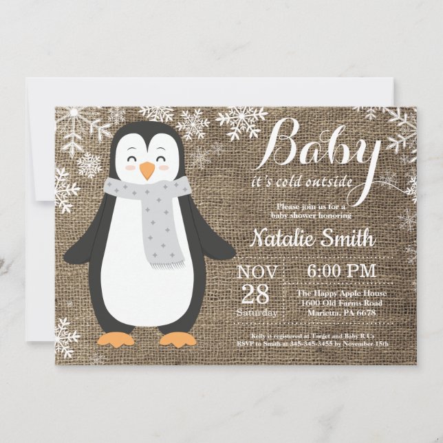Convite É frio lá fora Pinguim de juta Chuvinha de bebê (Frente)