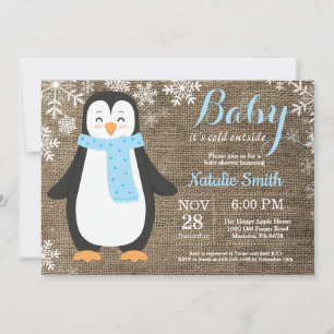 Convite É frio lá fora Pinguim de juta Chuvinha de bebê