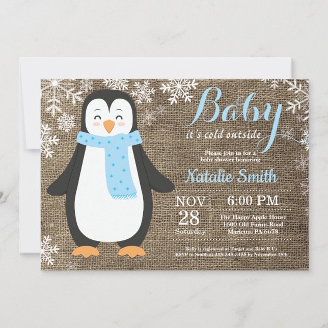 Convite É frio lá fora Pinguim de juta Chuvinha de bebê (Frente)