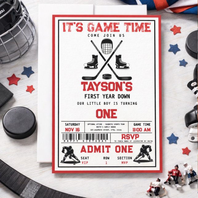Convite É hora do hóquei! Festa de 1º aniversário (It’s Game Time Hockey 1st Birthday Party Invitation
)