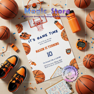 Convite É Hora do Jogo Aquarela Basquete Aniversário