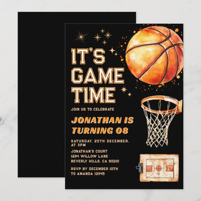 Convite É hora do jogo Basquete de aniversário para qualqu (Frente/Verso)