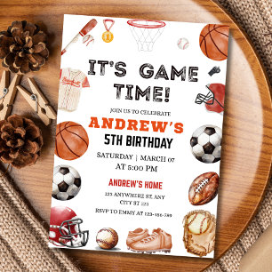 Convite É hora do jogo de aniversário de basquete de futeb