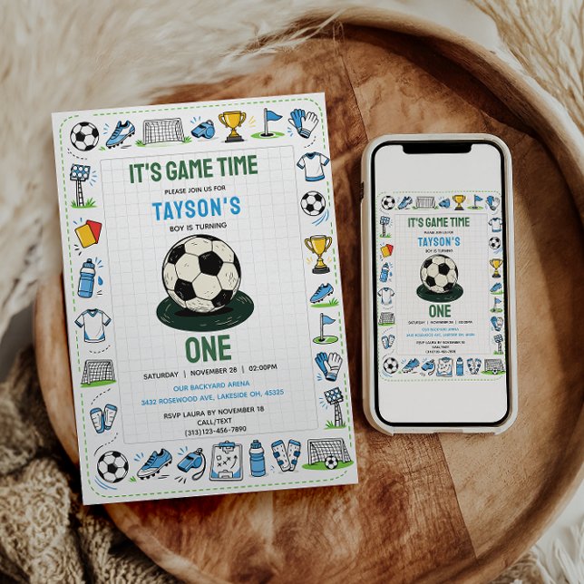 Convite É hora do jogo de futebol 1º aniversário (It’s Game Time soccer 1st Birthday Invitation
)
