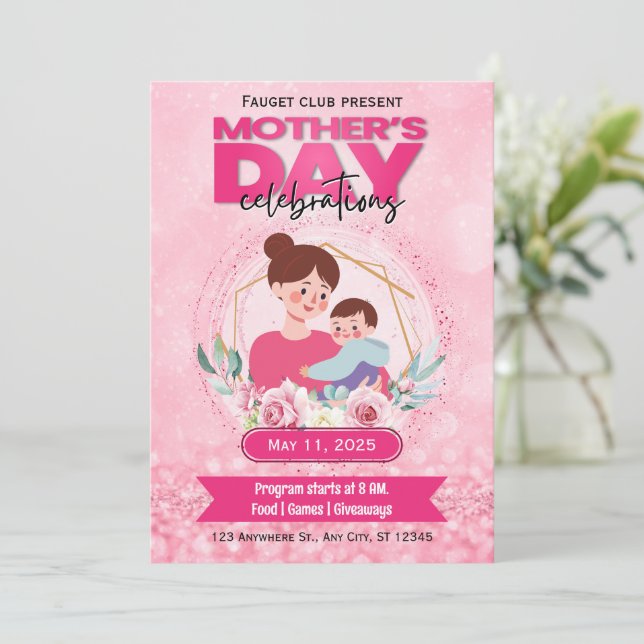 Convite E-Invite Dia de as mães de Aquarela Rosa (Em pé/Frente)