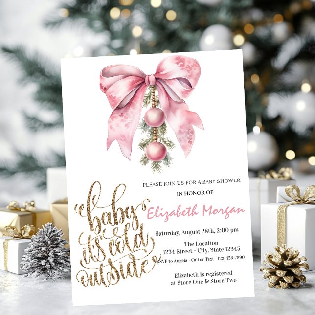 Convite É Natal Bolas de Natal Laço Rosa Frio Chás de Bebê (Criador carregado)