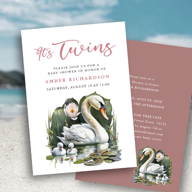 Convite É o Chá de fraldas Swan de Script Rosa Elegante (Criador carregado)