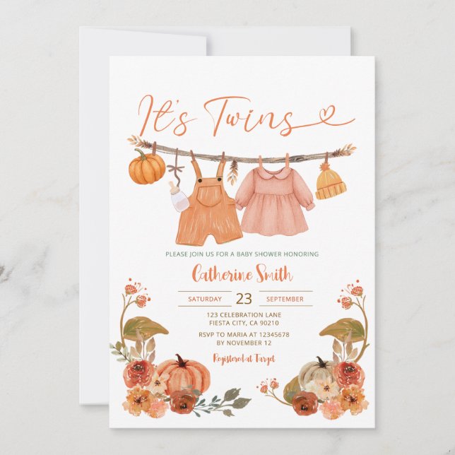 Convite É Twins Pumpkins Chá de fraldas Clothesline Floral (Frente)