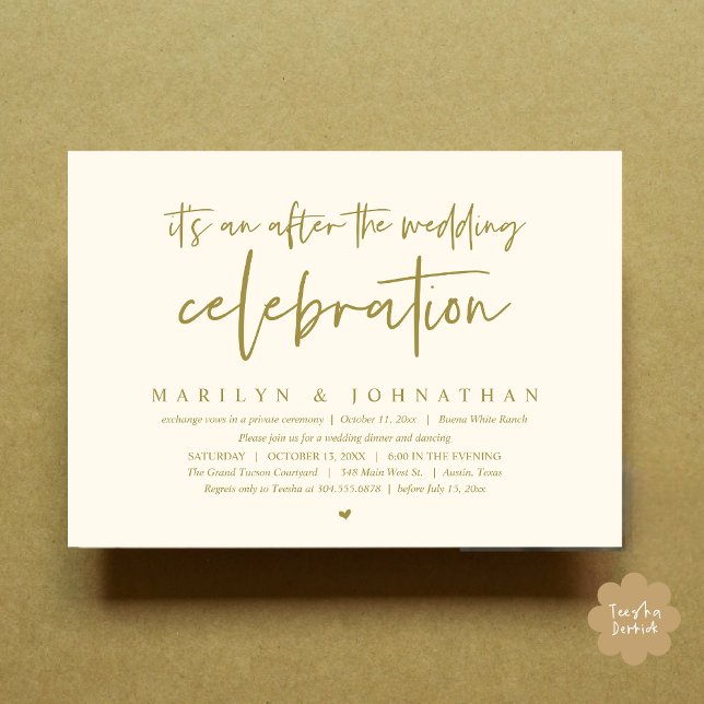Convite É um após a celebração do casamento, janto (It's an after the wedding party, Modern Romantic Dinner Celebration Invitation Card PDF Yellow Gold)