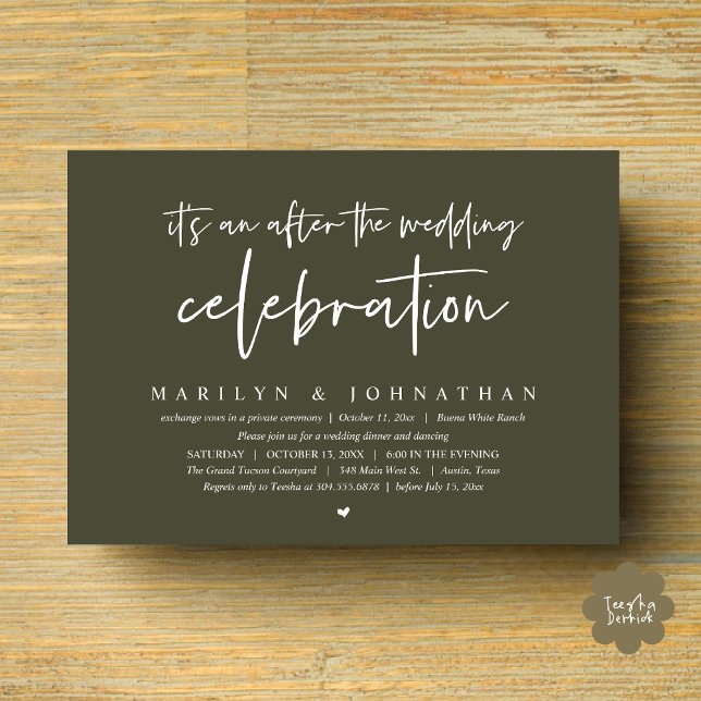 Convite É um após a celebração do casamento, janto (It's an after the wedding party, Modern Romantic Dinner Celebration Invitation Card PDF Olive Green)