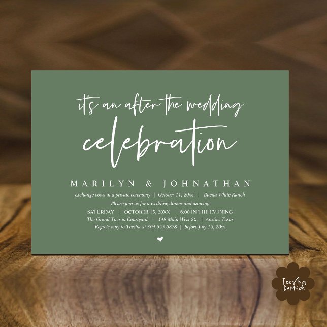 Convite É um após a celebração do casamento, janto (It's an after the wedding party, Modern Romantic Dinner Celebration Invitation Card PDF Sage Green)