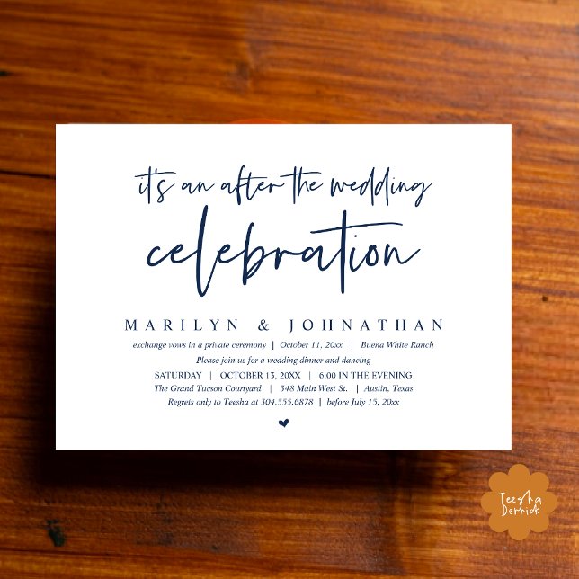 Convite É um após a celebração do casamento, janto (It's an after the wedding party, Modern Romantic Dinner Celebration Invitation Card PDF Navy Blue)
