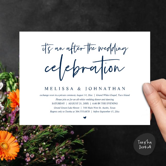 Convite É um após a celebração do casamento, janto (Happily Ever After Party, After the wedding celebration Romantic Dinner Invites Card PDF Navy Blue)