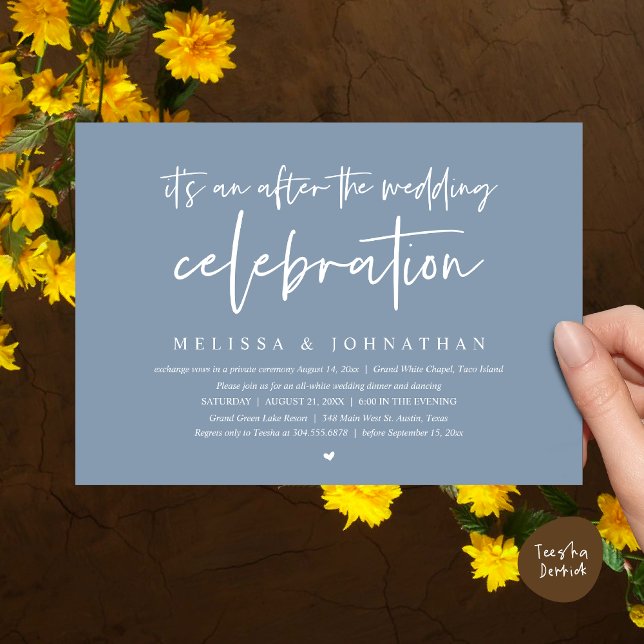 Convite É um após a celebração do casamento, janto (Happily Ever After Party, After the wedding celebration Romantic Dinner Invites Card PDF Dusty Blue)