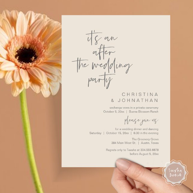 Convite É um após a festa de casamento, janto de elopement (It's an after the wedding, Elopement dinner dancing brunch Party Invitation Card PDF Cream Grey)