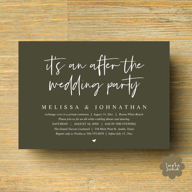 Convite É um após a festa de casamento, Janto romântico (It's an after the wedding party, Modern Romantic Dinner Celebration Invitation Card PDF Olive Green)