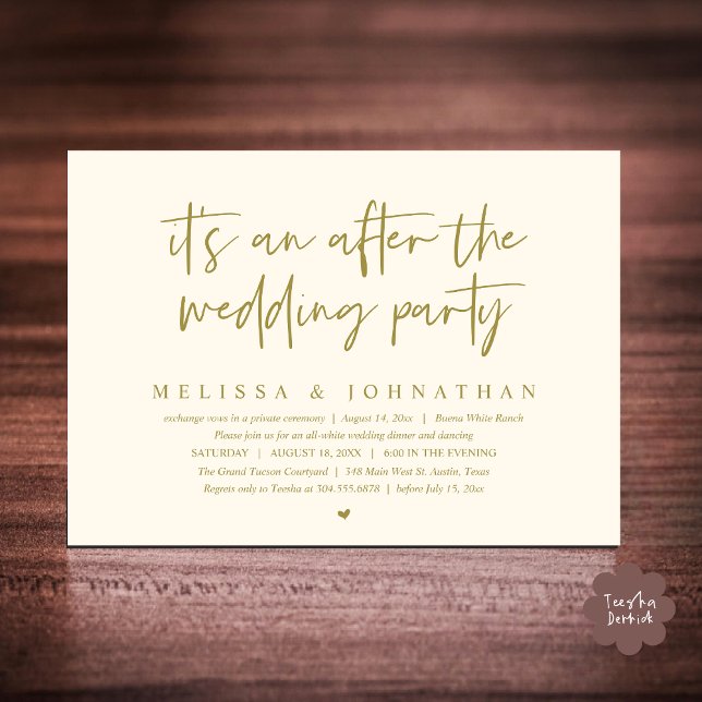 Convite É um após a festa de casamento, Janto romântico (It's an after the wedding party, Modern Romantic Dinner Celebration Invitation Card PDF Yellow Gold)